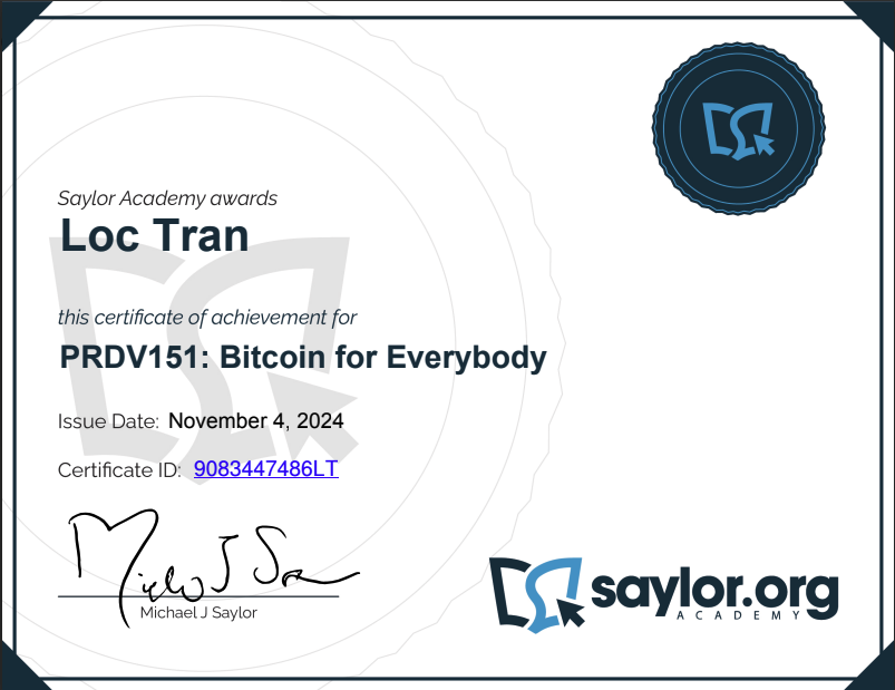 Loc Tran - PRDV151 - Bitcoin For Everybody - Certificate Of Completion